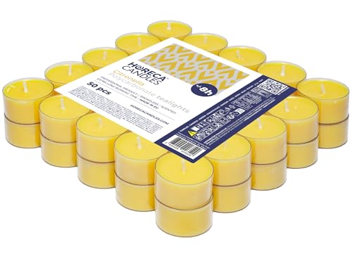 Horeca Candles - Candele Tealight alla Citronella Trasparenti - Durata 8 Ore - Set da 50 Candele Profumate - Lumini da Esterno, Balcone, Picnic, Campeggio