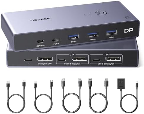 UGREEN 8K Displayport KVM Switch 2 in 1 Out DP1.4 with 4 USB 3.0 Ports(3 USB-A + 1 USB-C) Support 8K@60Hz 4K@240Hz Share 1 Monitor Keyboard Mouse U-Disk Printer, with 2 DP Cables, 2 USB A to C Cables