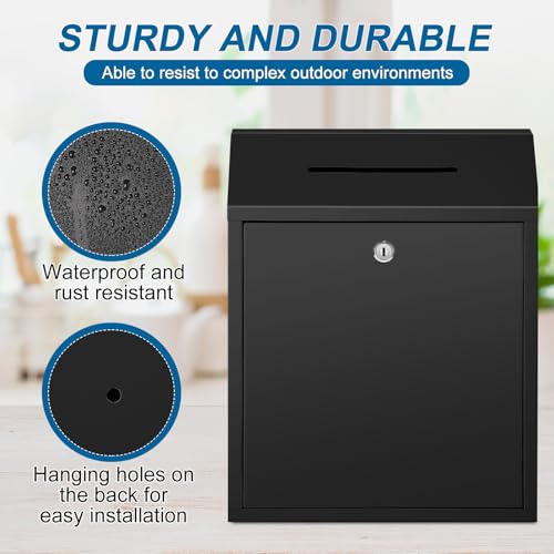 Yaocom Metal Money Drop Donation Cash Box for Farm Stand Collection Safe Suggestion Box with Lock Wall Mounted Mailbox Container for Home Office Outdoor(Black,15 x 12 x 4 Inch) by Yaocom - Image 3