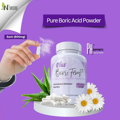 Image of N'More Boric Acid Vaginal Suppositories Plus Aloe Vera & FOS Probiotic Enhancer 800mg /, 30 Count All Natural Made in USA