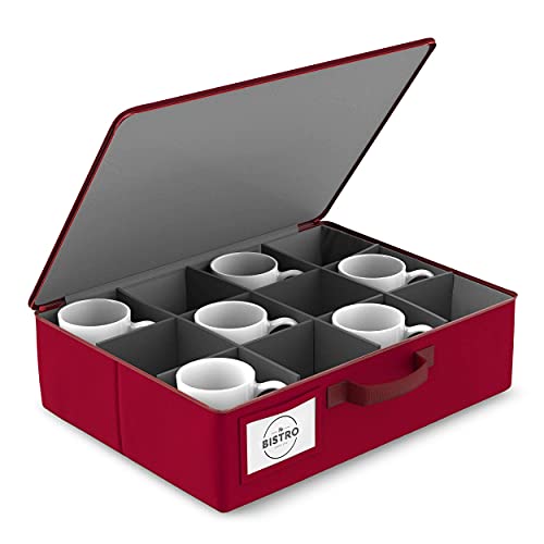 YO BISTRO Cups and Mugs Storage Organizer Case - Divided into 12 Cells - Extremely Sturdy and Stable Box for Storing and Transporting Tea and Coffee Cups, Stemless Wine Glasses and More - Red
