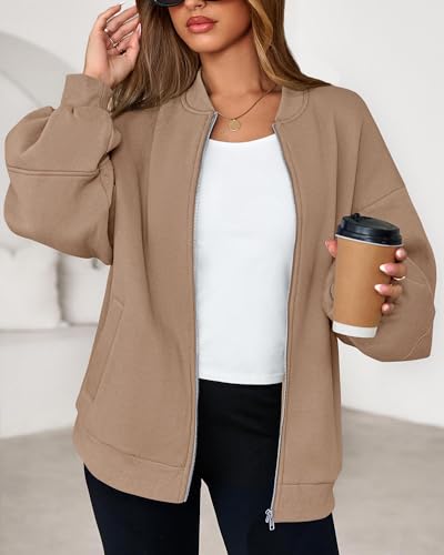KIRUNDO Oversized Sweatshirt for Women Zip Up Bomber Jacket(Khaki, XL) - image 7