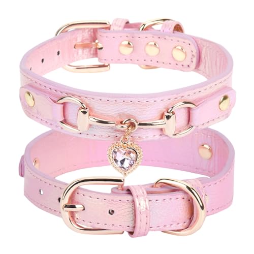 THAIN Fashion Rhinestones Dog Collar with Bling Diamonds & Heart Charm 5 Holes Adjustable PU Leather Necklace Collar Gold Buckle for Small Medium Dogs Girl (Pink S)