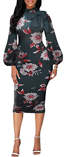 Image of Sexy Long Sleeve Dress for Women Solid Color Bow Knot Turtleneck Formal Gown Midi Casual Church Dresses
