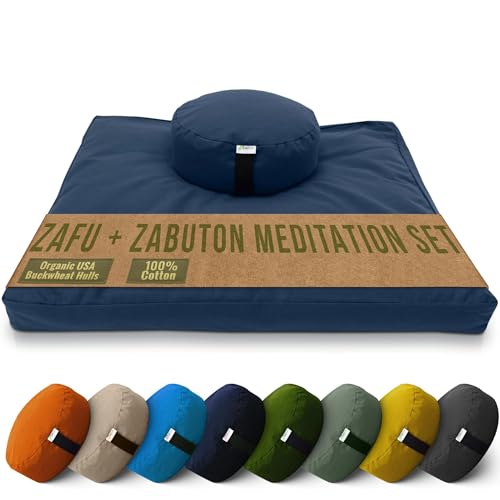 Meditation Cushion Mat Set - Large Round Zafu Floor Pillow Organic Buckwheat Pillow + Cotton Filled Zabuton Prayer Pad - Meditation Pillow Yoga Knee Pad - Made in USA - 14" Round