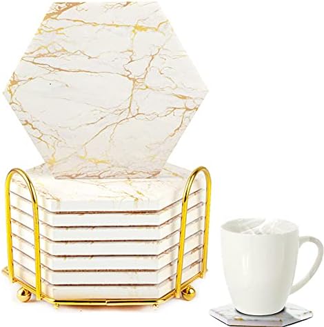 Marble Coasters for Drinks Absorbent with Cork Base, 8 Pcs Drink Coasters for Wooden Table with Metal Holder, Gold Ceramic Cup Coaster Set Rustic Home Decor for Living Room Bar, Housewarming Gifts