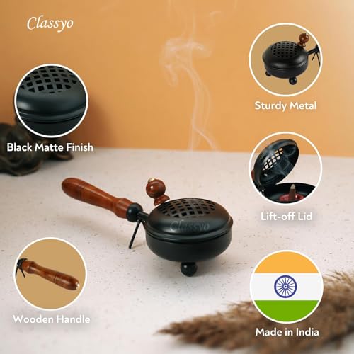 Image of Classyo Metal Dhoop Holder with Wooden Handle | Dhup Dani Loban Burner | Sambrani Dhoop Stand | Doopam Sambrani Holder for Puja | Loban Dhuni Burner (4 inch, Black, Round)