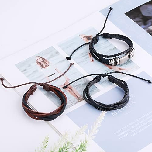 Yolev 12Pcs Braided Leather Bracelet for Men Women Cuff Wrap Bracelet Wristbands Adjustable Black Brown Wide Wristband, Woven Leather Bracelet,