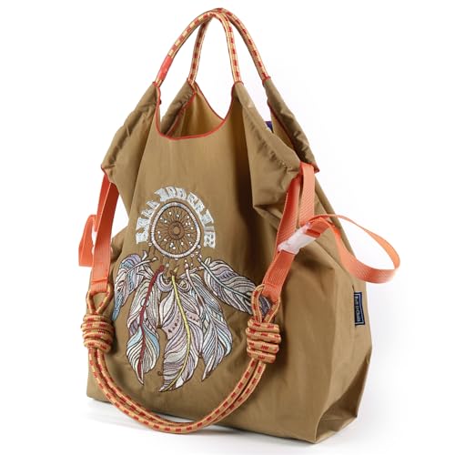 Image of Ball&Chain Embroidery Initial Nylon Tote Bag,Personalized Present Suitable for Travel,Beach,is a Great Gift Women, Mom (Khaki, Large)