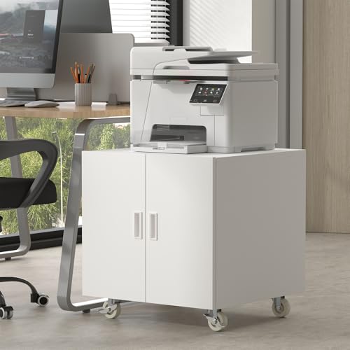 Image of Metal Printer Stand, Rolling Table for Printers, Large Printers Table with Storage, Office Printer Stand for Copier, Fax, Heavy Duty Stands with Shelf for School, Workplace, White