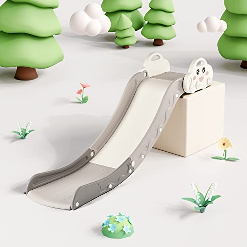 Image of Indoor Kids Baby Couch Slide for Toddler 1-3, Sofa Slide Add-on Attachment for Bed Nugget Playgrounds, with Secure Base Guardrail, Gentle Slope Extended Buffer Zone, Fun Cute Cloud Design, White