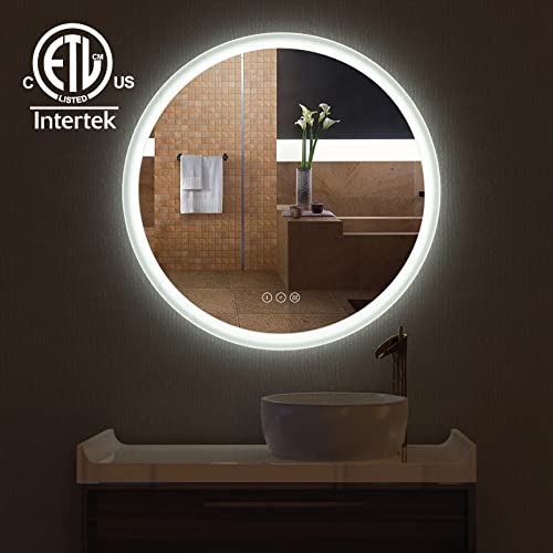 R30 inch LED Lighted Bathroom Mirror, White Framed Wall Mounted Dimmable Vanity Mirror, Anti-Fog Mirror, 3-Color Adjustable Warm/Natural/White Light, Horizonal&Vertical, ETL Listed