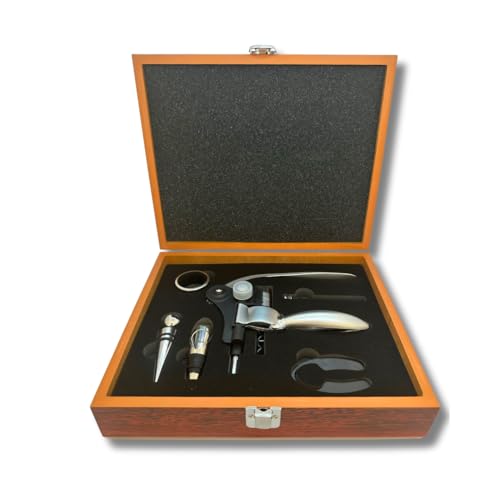Kit Para Vinho 7 Peças Caixa Madeira Saca Rolha Automático