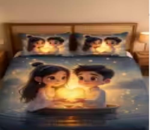 Image of Romantic Couple Printed Double Bedsheet Set with 2 Pillow Covers, Glowing Heart Design, Bed Linen Set, 3 Pieces