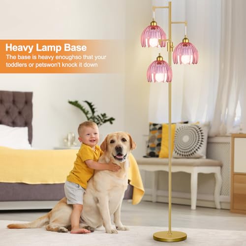 Image of ZECOXOL Gold Floor Lamps for Living Room Vintage Pink Floor Lamp with Glass Lmapshape & Three Led Bulb,Dimmable Mid Century Modern Standing Lamp Tall Tree Flower Floor Lamps for Bedroom,Office,Corner