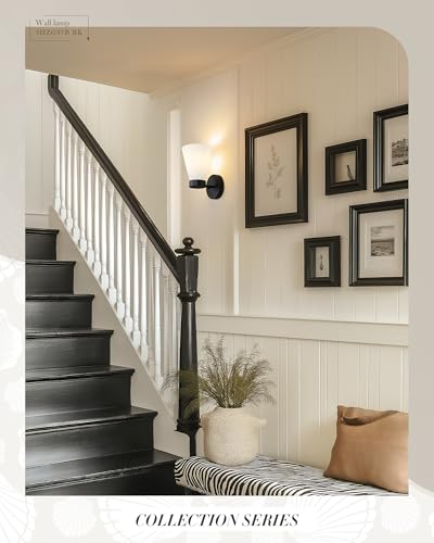 Image of Bathroom Wall Sconce Set of Two, HWH Wall Vanity Light with Frosted White Striped Shade, Industrial Wall Lamp Matte Black for Bathroom Doorway, 5HZG97B-2PK BK