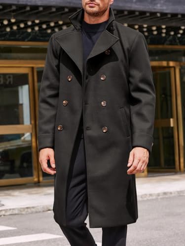 Runcati Mens Trench Coat Notch Lapel Double Breasted Belted Pea Coat Wool Blend Winter Warm Overcoat2