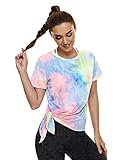 COOTRY Workout Tops for Women Short Sleeve Yoga Shirts Loose Fit Casual Side Split Gym Clothes Summer Cute Athletic Tunic Tops for Running Gym Exercise Athleisure Womens Clothes Tie Dye 02 Large