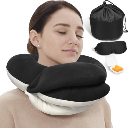 BUYUE Travel Neck Pillows for Airplanes Memory Foam 360 Head Support Sleep for Long Flight Skin-Friendly & Breathable Kit with Eye Mask Earplugs and Storage Bag (Adult Black 90+ lbs)
