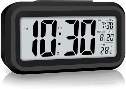 Image of Digital Alarm Clock with Large LED Display, Smart Night Light Sensor, Snooze Function, Date Temperature Calendar, Battery Operated Bedside Desk Clock (Black)