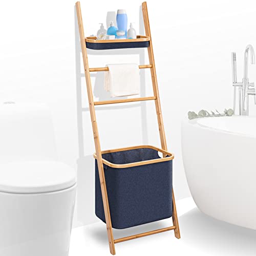 Wooden Bath Towel Ladder Rack with Drying Bar Storage Holder and Hamper Basket - Wall Leaning Decorative Blanket Throw Hanger Stand for Bathroom Floor Standing Modern Room Organizer