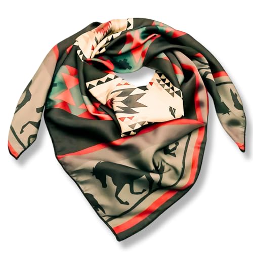 Wild Rag Silk Scarf 36'', Western Cowboy Bandana Square Silky Wild Rags,Black Grey Aztec Horses Tibal for Men & Women