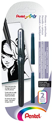 Pentel GFKPN Pocket Brush stylo pinceau encre à pigments pour calligraphie, croquis, dessins Noir + 2 cartouches
