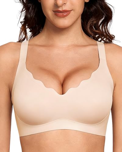 Gailife Scalloped Lift Bras for Women Soft Push Up Wireless Bra Supportive V Neck No Underwire Seamless Tshirt Bralettes, Skin, M