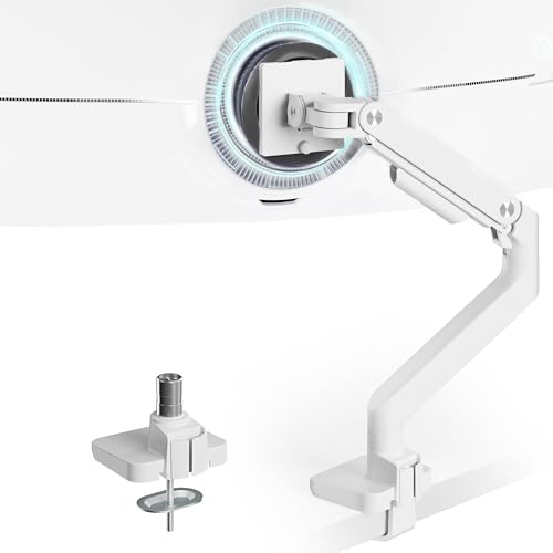 ARES WING Single Monitor Arm for 17" to 49" Screens, White monitor Mount Holds 44Lbs, Adjustable Gas Spring Monitor Arm Desk mount with C Clamp, Grommet Base, 75/100MM VESA Mount