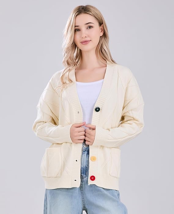 Image of utcoco Womens Open Front Cardigan Cable Knit Long Sleeve Button Down Embroidery Cardigan Sweaters