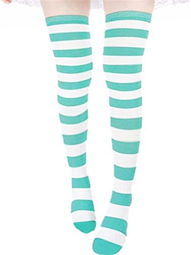 Mystylees Womens Wide Stripes Stockings Over Knee High Striped Socks Blue White
