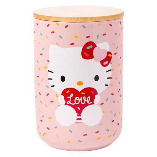 Silver Buffalo Sanrio Hello Kitty Holding Love Heart Ceramic Cookie Snack Candy Jar with Airtight Bamboo Lid (Small)