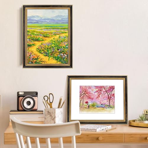 Image of Golden State Art,12x16 Ornate Picture Frame Holds 8.5x11 Photo,Black Gold | Includes real glass front,white mat,build-in hangers and buttons.Displays 8.5x11 photo on wall