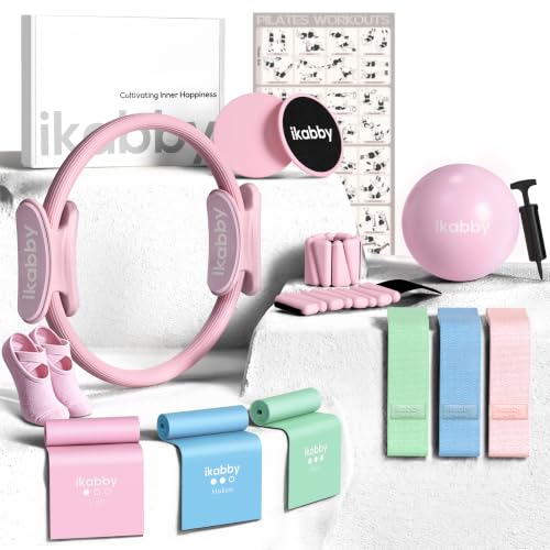 Ikabby Pilates Kit, Home Pilates Kit with Weights, Pilates Equipment for Home Workout, Pilates Essentials Kit for Women, Yoga Pilates Mat Kit for Beginners, Pink Pilates Set