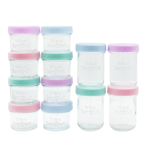 Image of WeeSprout Baby Food Storage Glass Jars w/Lids (4/8 oz, 12 Pack) Pastel Variety, Snack, Reusable Small Containers, Fridge or Freezer, Microwave & Dishwasher Safe, Essentials for Infants