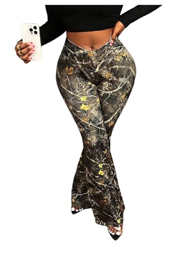 SOLY HUX Women's Plus Size Camo Print Bell Bottom Pants High Waisted Flared Leg Trousers