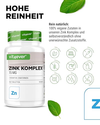 vit4ever Zink Komplex 15mg - 365 Tabletten - Mit 3 Zink-Formen (Zinkbisglycinat, Zinkgluconat, Zinkcitrat) - 1 Jahresvorrat - Vegan