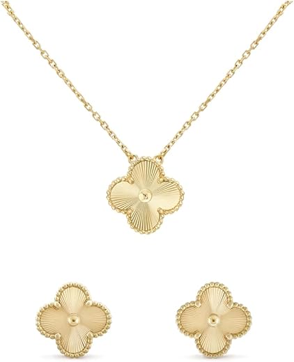 Inventive arts Clover Anti-Tarnish Gold Pendant Necklace & Stud Earrings Jewelry Fashion Accessories Stainless Steel Jewel...
