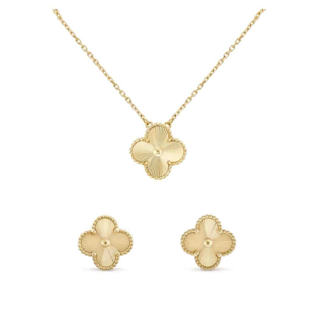 Inventive arts Clover Anti-Tarnish Gold Pendant Necklace & Stud Earrings Jewelry Fashion Accessories Stainless Steel Jewellery Set for Women & Girls