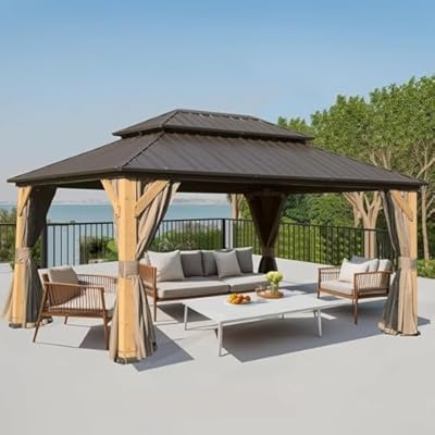 Domi 10'x14' Cedar Wood Gazebo with Double Roof Steel Hardtop,Solid Wood Frame Gazebo,Curtains and Netting Included for Garden, Backyard