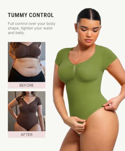Image of FeelinGirl Short Sleeve Shapewear Bodysuit for Women V Neck Tummy Control | Sweetheart Neckline, Seamless, Going Out Tops, Thong, Plus Size, Soft
