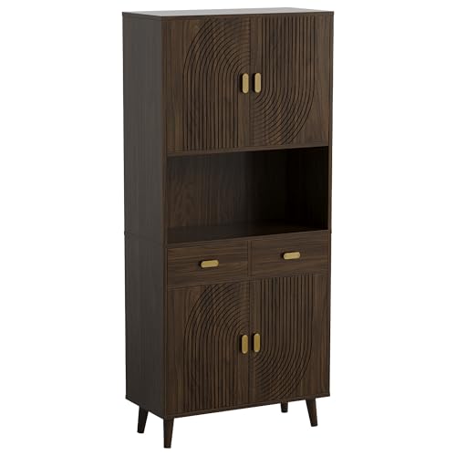 Image of LIKIMIO 71.6 inch Tall Kitchen Pantry Cabinet, Walnut Mid-Century Hutch Cabinet with Storage- 3 Adjustable Shelves, 2 Drawers, Multi-Room Pantry
