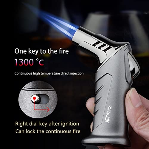 Jetpro Butane Torch With Fuel Gauge Refillable Kitchen Torch Lighter With Fire Locking Device And Adjustable Flame One-Handed Operation Blow Torch For Grill, Bbq(Butane Gas Is Not Included) (Gray) #TOP1