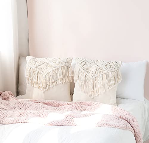 Mkono Throw Pillow Cover Macrame Pillow Case Set Of 2 Decorative Boho Throw Pillowcase With Tassels For Bed Sofa Couch Bench Stylish Cushion Square Pillow Cover Boho Room Decor, 17"X17" #TOP2