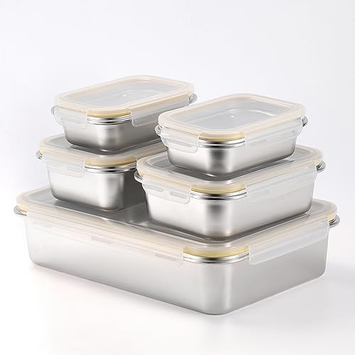 GEEJA Contenedores de acero inoxidable 18/8 para almacenamiento de alimentos, juego de recipientes para preparación de comidas, bandeja para hornear, apilables, ligeros y de fácil almacenamiento