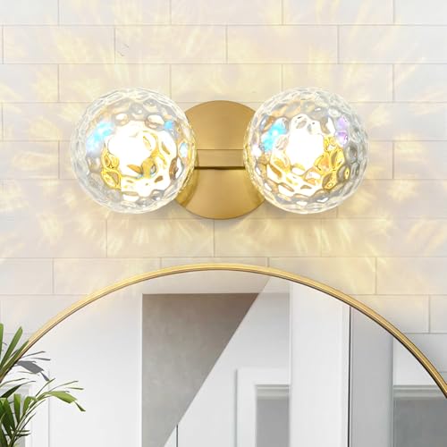 Image of Gold Globe Wall Sconce,Vanities Lights with 2 Stained Glass Shades | 6 inch Modern Spherical Vanity Sconces,Contemporary Small Brass Ball Lights Fixture for Entryway Bedside Bathroom,E26 Base