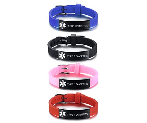VNOX 4 Color Pack-Type 1 Diabetes Medical Alert ID Silicone Rubber Stainless Steel Adjustable Bracelet for Adult Child