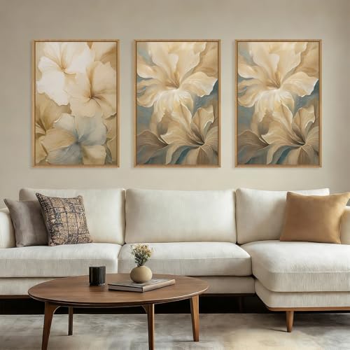 Image of KAIRNE Neutral Beige Flower Framed Canvas Wall Art Set, Modern Magnolia Floral Wall Decor,Aesthetic Warm Wildflower Art Prints,Boho Botanical Artwork for Living Room,Bedroom,Farmhouse,Office-24 inchx36 inchx3