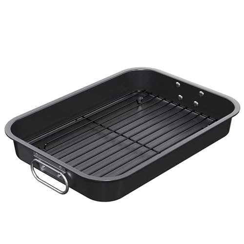 CHEFMADE Roasting Pan, 15-Inch Non-Stick Metal Turkey Pan with Rack, Banking Pan for Lasagna Vegetable and Meat, Chicken Roasting Pan 15.35