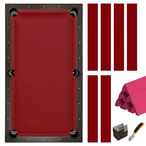 iEsstros 8 ft Pool Table Felt and Bumper Kit for Billiard Cloth with Pool Table Bumpers and Cushions Facing 6 Pcs Cloth Strips and Staple Remover-Red